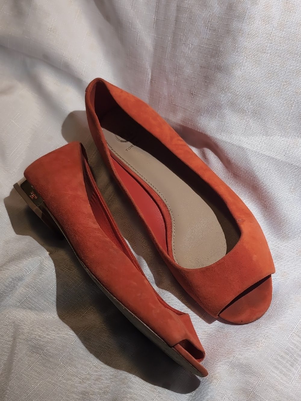 Tory Burch Orange Suede Peep-Toe Flats